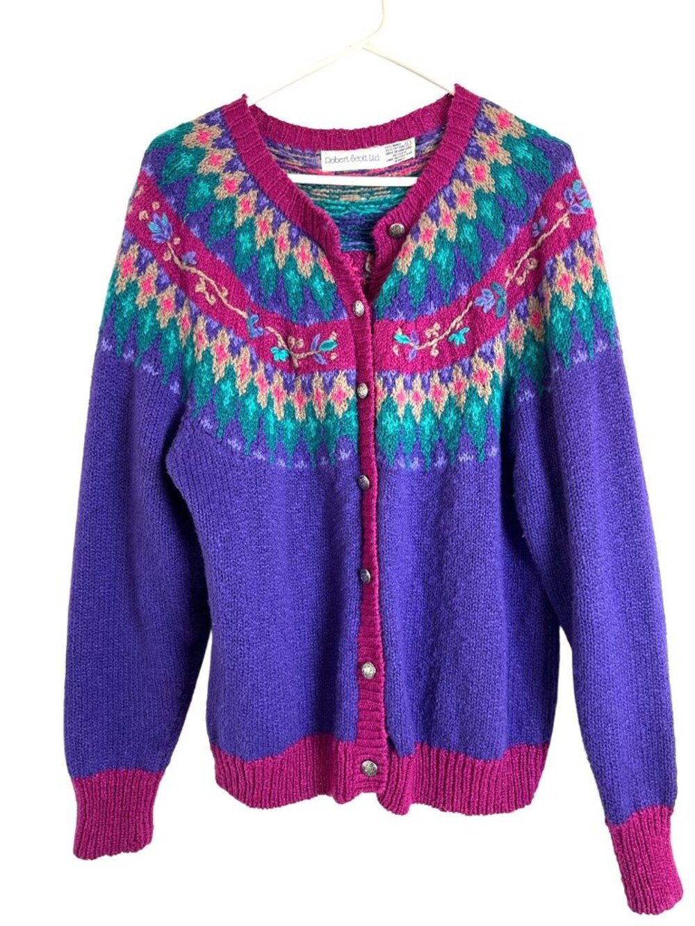 Vintage Robert Scott Ltd Cardigan Sweater Fair Isle Knit Purple & Pink Size L